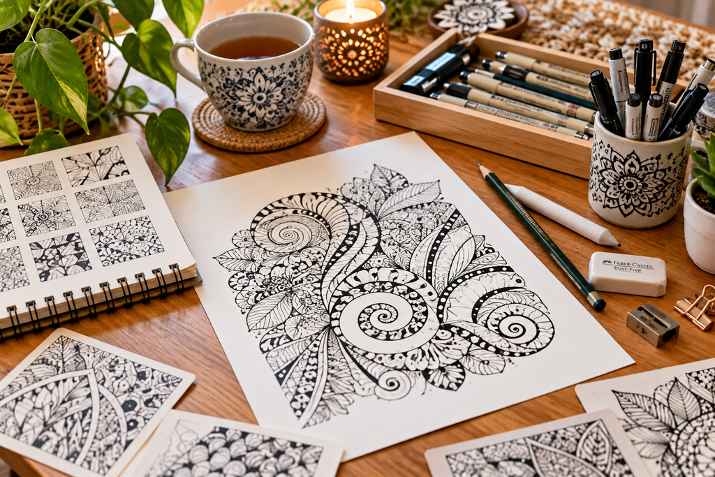 Mesa de trabajo con materiales y dibujo de garabato Zen